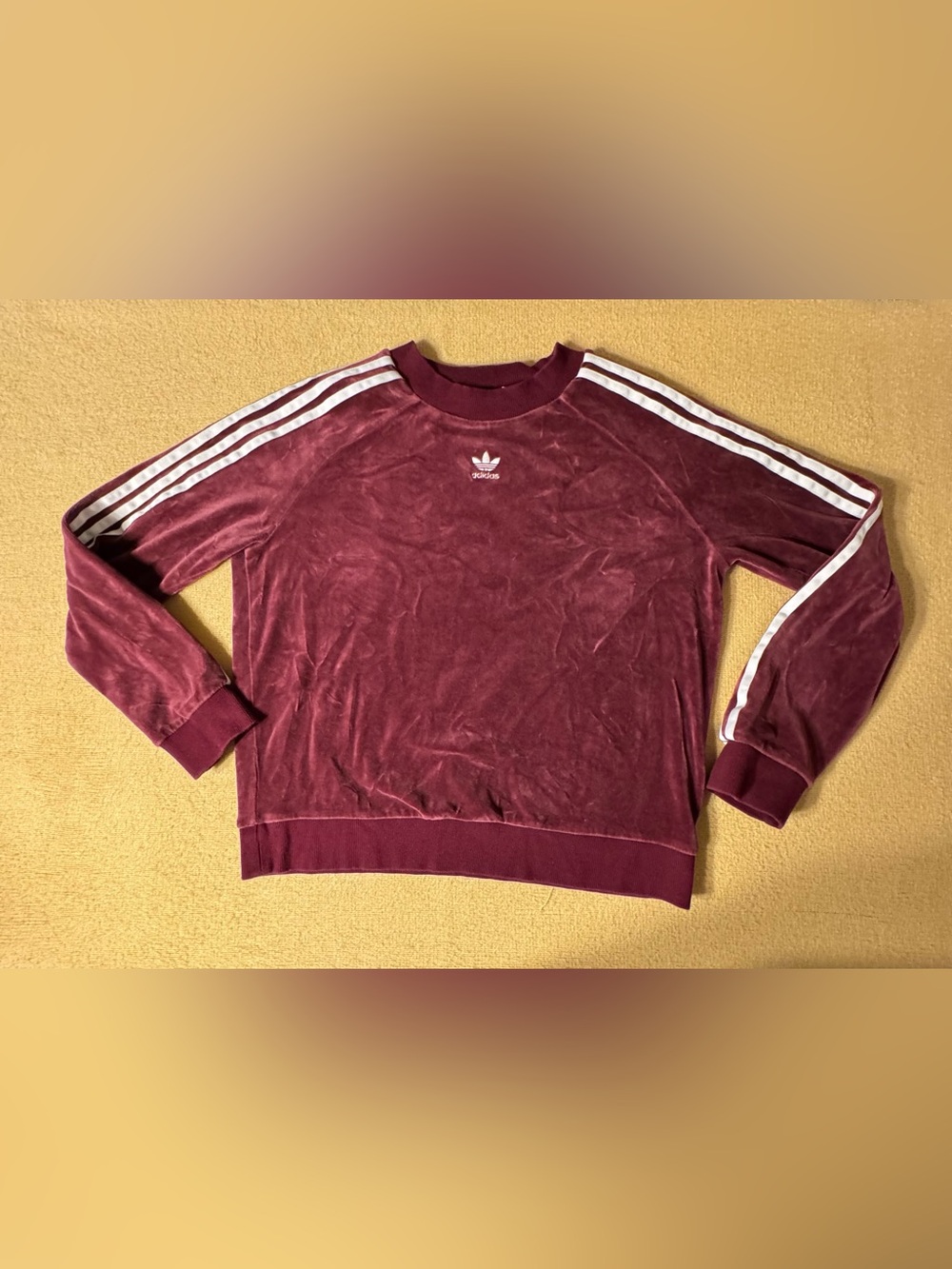 adidas Women's Maroon Velour Crew Sweatshirt with White Stripes